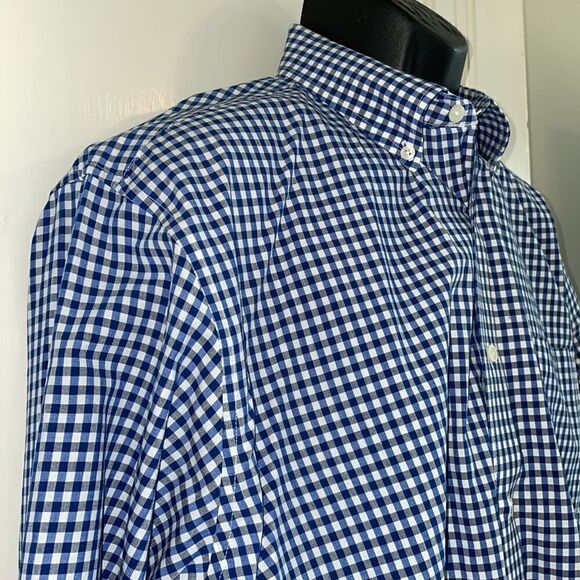 Structure blue, black & white small check cotton long sleeve shirt - Picture 5 of 9